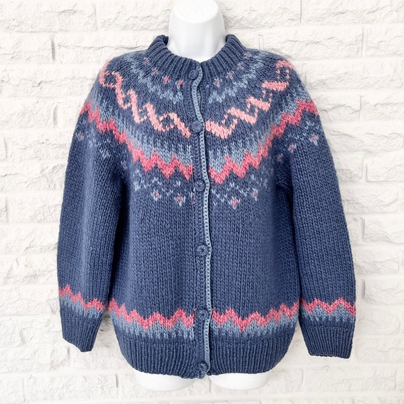 Dobrila Sweaters - Vintage Dobrila Hand Knit 100% Wool Blue and Pink Fair Isle Cardigan, Size S